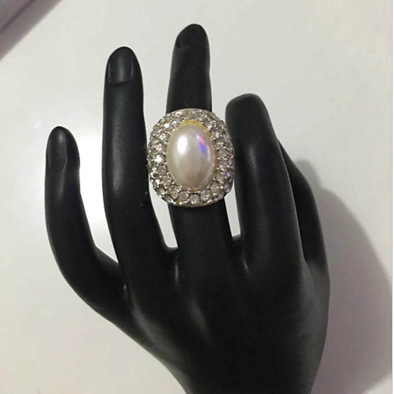 

Fashion Copper Zircon Simulated Pearl Finger Ring Round Cuff Ring Full Stone Women Wedding Silver Jewelry Christmas Gift