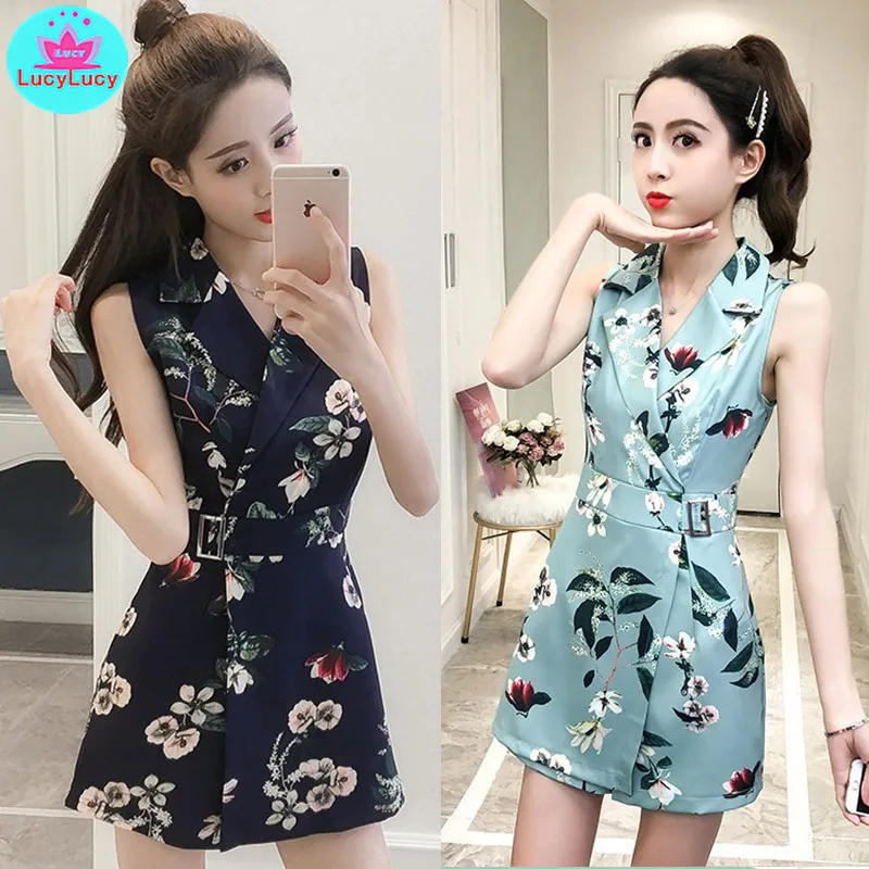 

2019 summer Korean version of the new temperament printing suit collar sleeveless asymmetric waist slimming jumpsuit