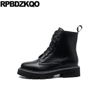 

black fashion 2019 military shoes combat waterproof winter boots women lace up ankle fall high heel block celebrity chunky short
