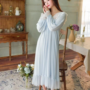 

Long Style Princess Full Sleeves Lace Nightgown Sexy Ruffles V-Neck Women Home Dress Simple Modal Autumn Gauze Sleep Dress