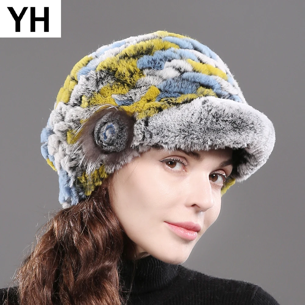 Стиль натуральный настоящий мех кролика шапки женские ручной работы вязаная шапка из меха кролика рекс зимняя теплая Хорошее качество Натуральная меховая шапка