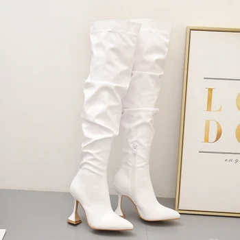 

Luxury 2020 Women White High Heels Long Boots Winter Over The Knee Boots Western Cowboy Crotch Thigh High Boots Big Size Shoes