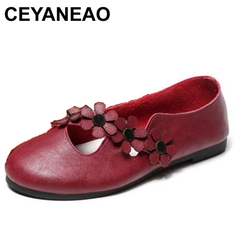 

CEYANEAO 2019new springretro handmade cowhide shoewith flower Women's comfortable casual shoes with flat soles with closed toe