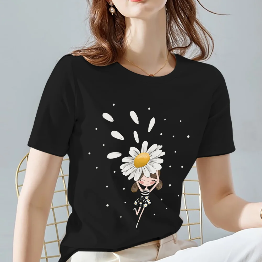 Women T-Shirt Vintage Daisy Flower Pattern Print Series Summer Black All-match O Neck Short Sleeve Tees Casual Tops XXS-3XL palm angels t shirt