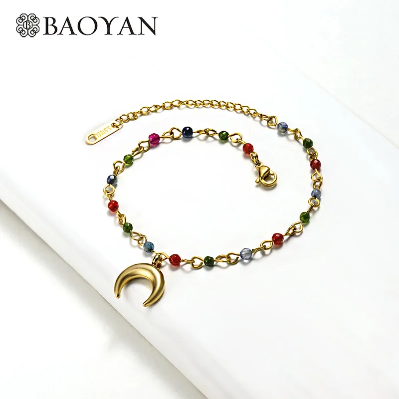 

Baoyan Fashion Stainless Steel Bracelet Multi Colors Natural Stone Bead Chain Bracelets Gold Horn Coin Charm Bracelets For Women