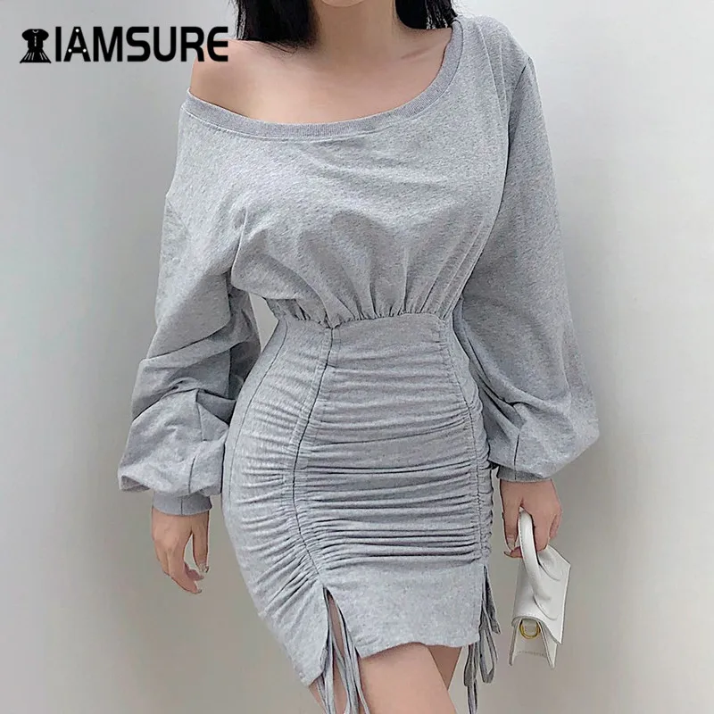 

IAMSURE 2020 Autumn Streetwear Long Sleeve Casual Solid Grey Dresses For Women Korean Style Drawstring Female Mini Dress