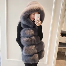 Женское пальто из искусственного меха, жилет с капюшоном без рукавов, повседневный теплый тонкий жилет из искусственного лисьего меха, Женская куртка, пальто, зимняя женская верхняя одежда