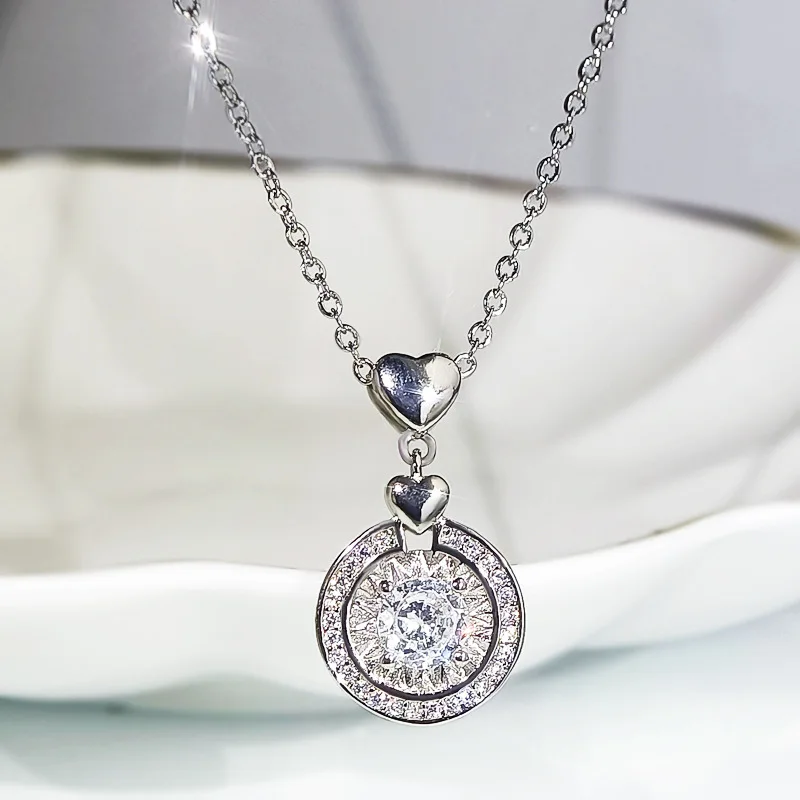 NEW Female Luxury Crystal Round Necklace For Women S925 Silver Fashion Love Heart Wedding Dainty Rose Gold Color Chain Jewelry