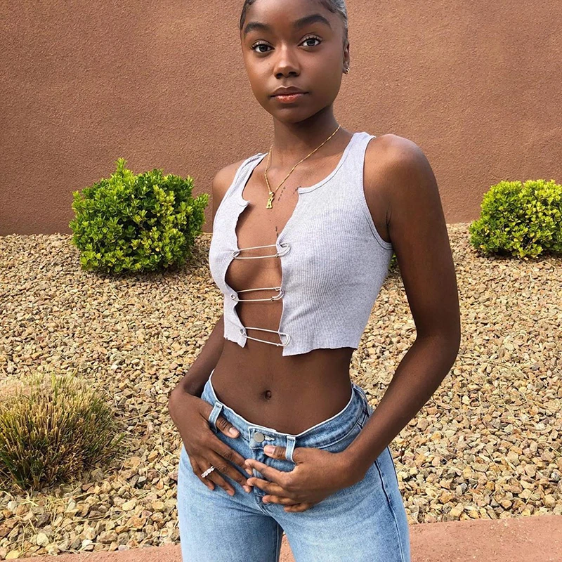 Sexy Slim Soild Sleeveless Short Summer Ribbed Knit Pin Crop Top V-neck Stitching Wild Exposed Navel T-shirt female | Женская одежда