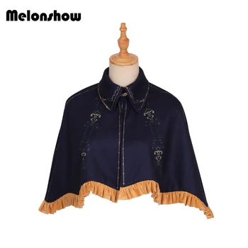 

Ladies Autumn Winter Tweed Gothic Cape Lolita Blue Cape Pleated Collared Lolita Poncho