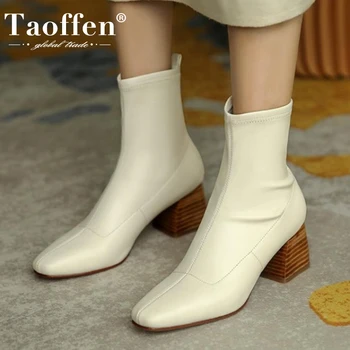 

TAOFFEN Women Ankle Boots Thick High Heel Winter Shoes Woman Warm Short Boot Casual Daily Office Lady Footwear Size 34-39