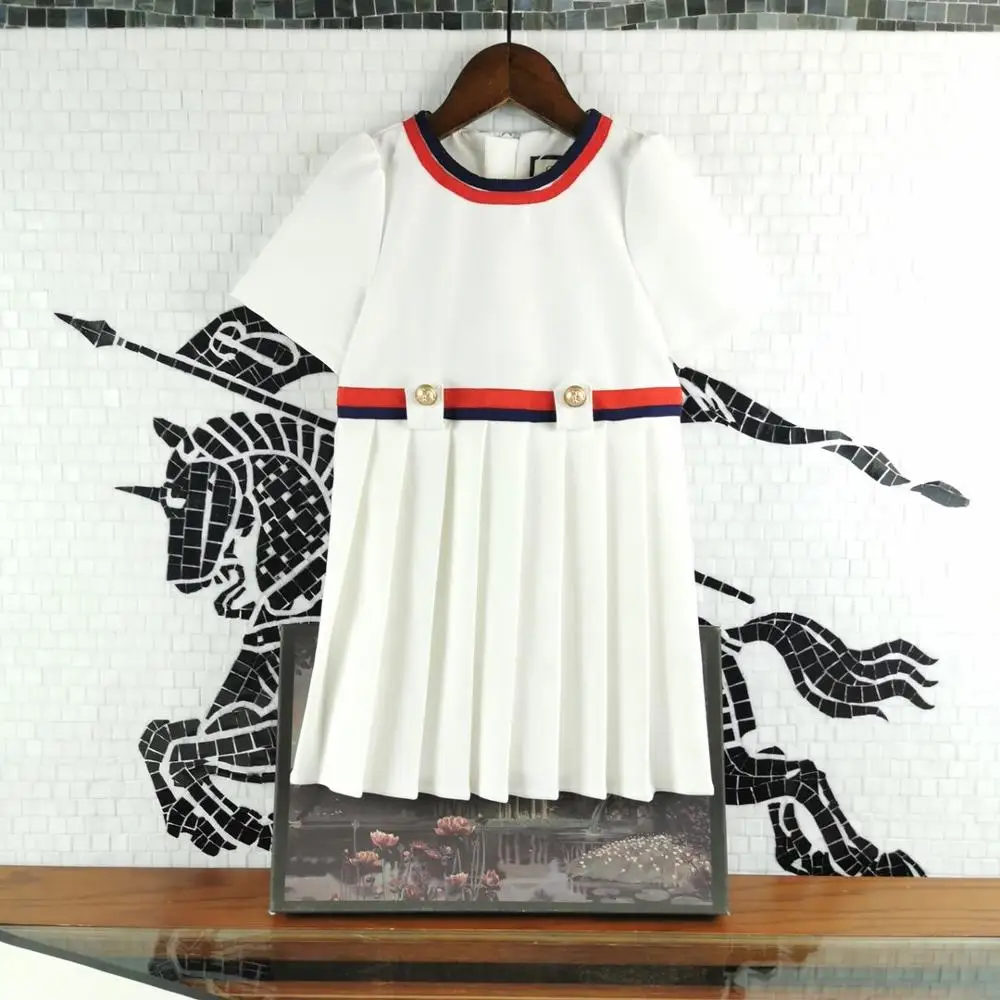

3col Preppy style Girl Dress Luxury brand design classic Metal button Summer Birthday Party Kids Dresses For Girls Children's