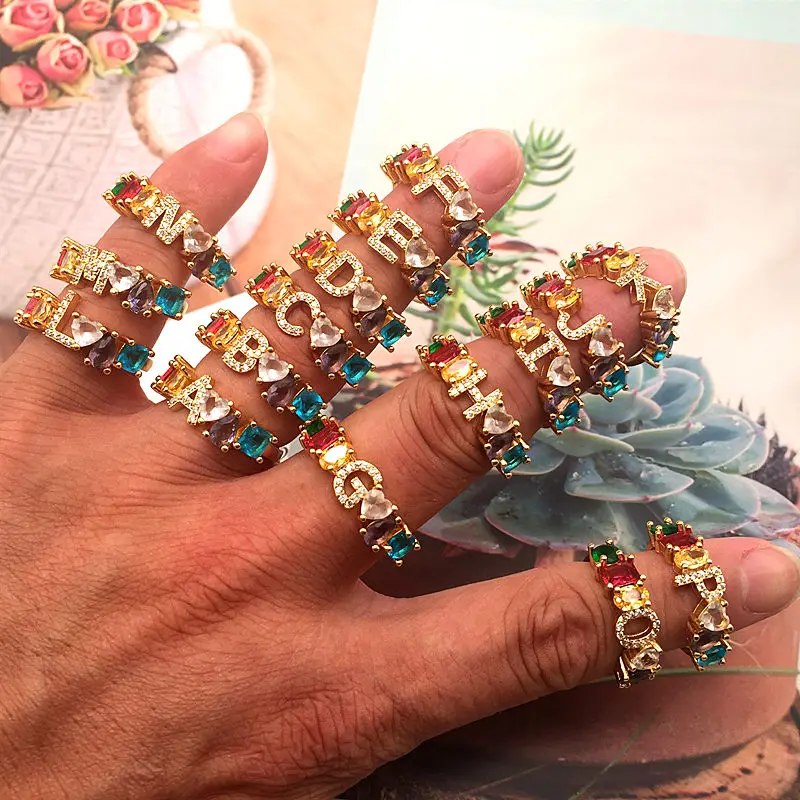 

Personalized Adjustable A-Z Initial Ring Bohemian Copper Zircon Rainbow Letter Rings for Women Girls Party Wedding Jewelry Gift