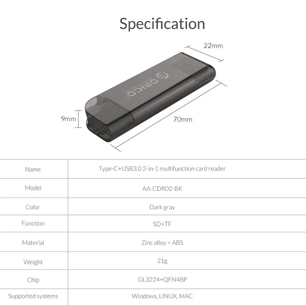 ORICO кардридер USB 3 0 2 в 1 SD/Micro SD TF OTG Смарт карта памяти типа C Кардридер