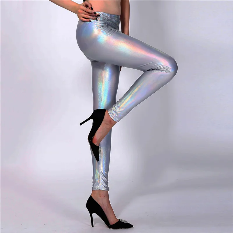 Glitter Holographic Pu Long Pants Rainbow Color Striped Elastic Pencil Pants Sexy Women Skinny Trousers Streetwear Fall