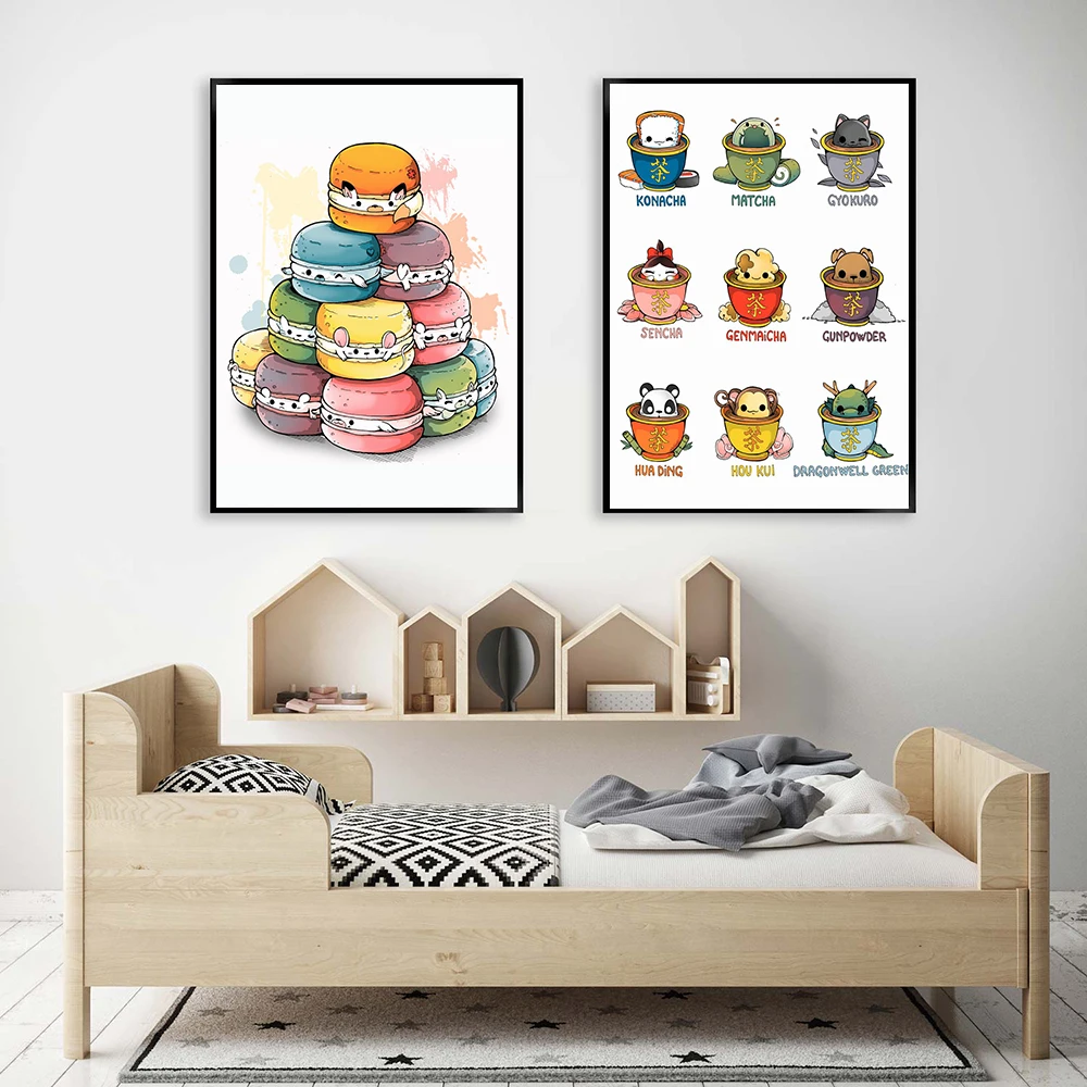 Cartoon Macaron Animals White Mouse Poster Tea Kawaii Dessert Shop Wall Print Canvas Painting Matcha Art Pictures Kitchen Decor