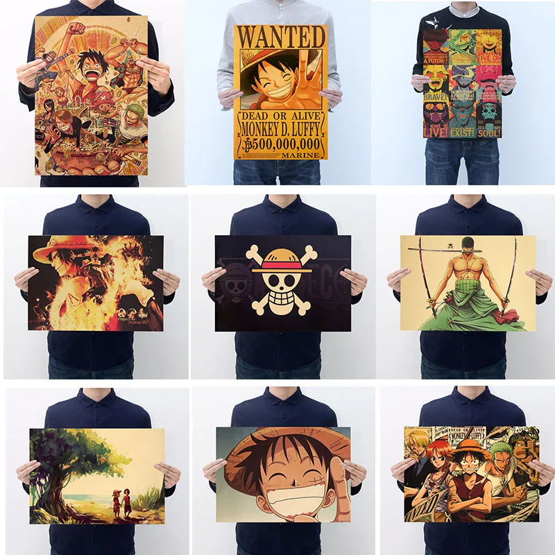 

Anime One Piece Action Figure Poster Craft Vintage Paper Anime One Piece Luffy Ace Zoro Sanji Posters Luffy Wanted Boys Gifts