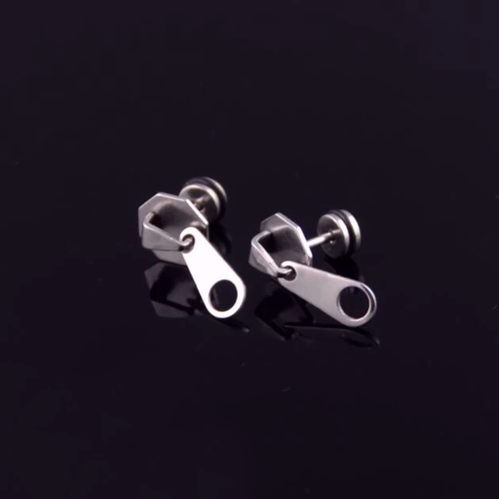 Punk Cool Men Women Zipper Puller Earrings Stainless Steel Ear Studs Jewelry