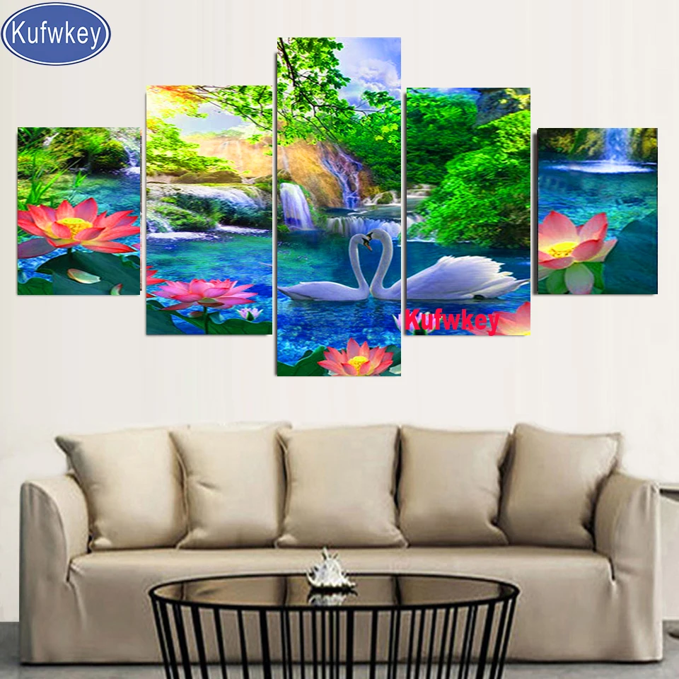 Lotus pond Swan landscape diamond painting full Square/Round Diamond mosaic Cross Stitch Embroidery 5 Panel Wall Art | Дом и сад