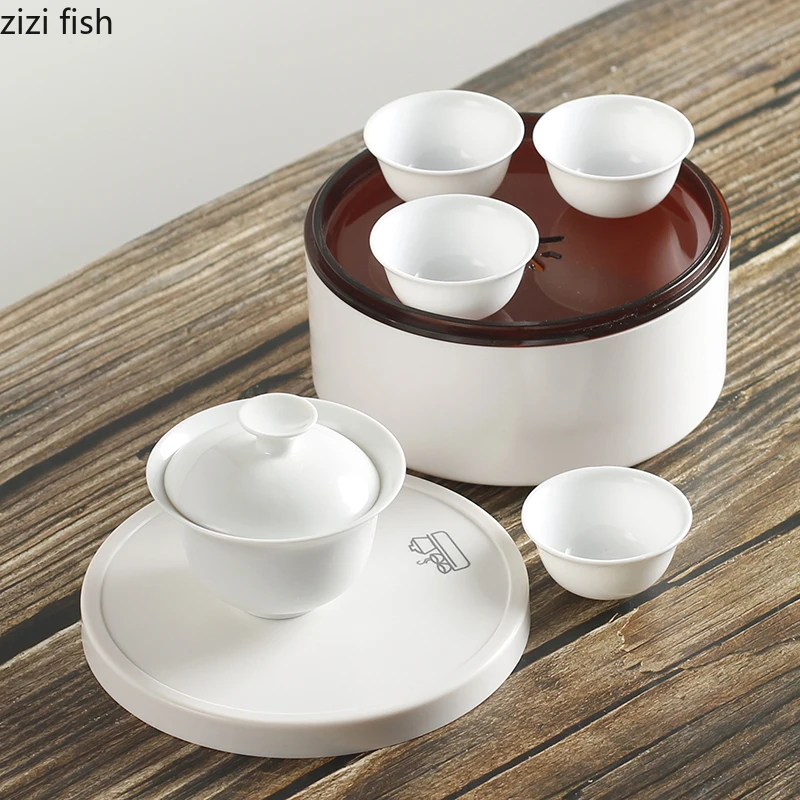 7-piece set Chinese Kung Fu Tea Set Ceramic Portable Teapot Set Outdoor Travel Gaiwan Tea Cups of Ceremony Teacup Fine Gift