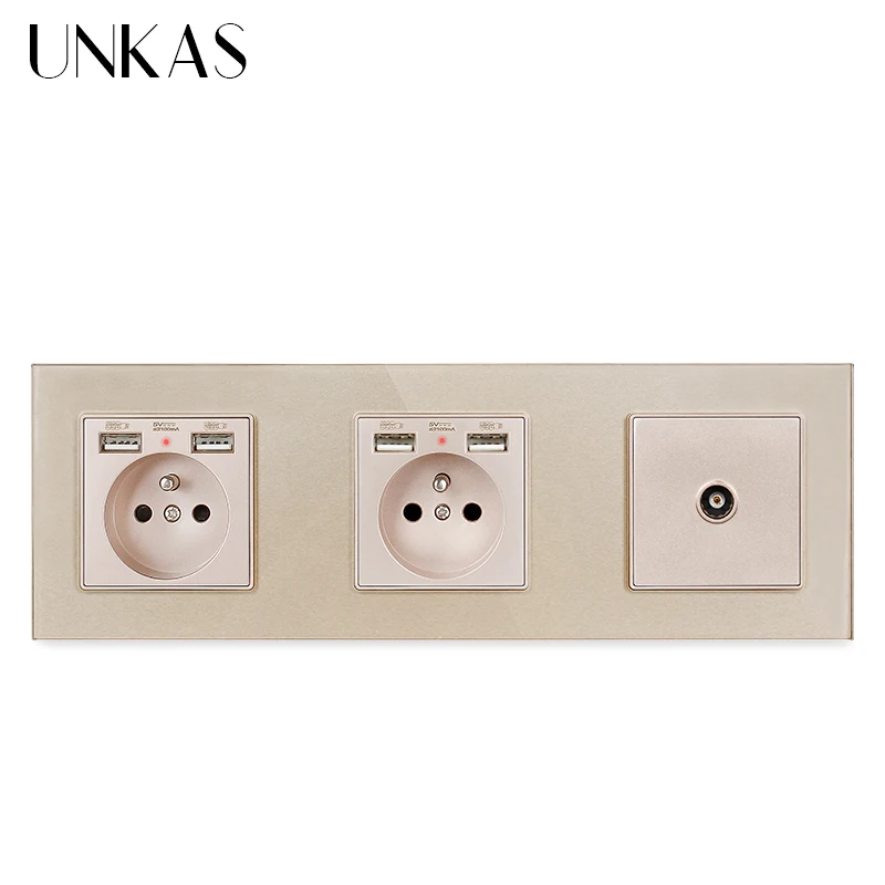 Двойная французская стандартная розетка со стеклянной панелью UNKAS с 4 USB портами