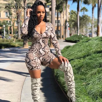 

ANJAMANOR Fashion Snake Skin Printed Deep V Neck Long Sleeve Rompers Women Sexy One Piece Bodycon Jumpsuit Club Wear D46-AB28