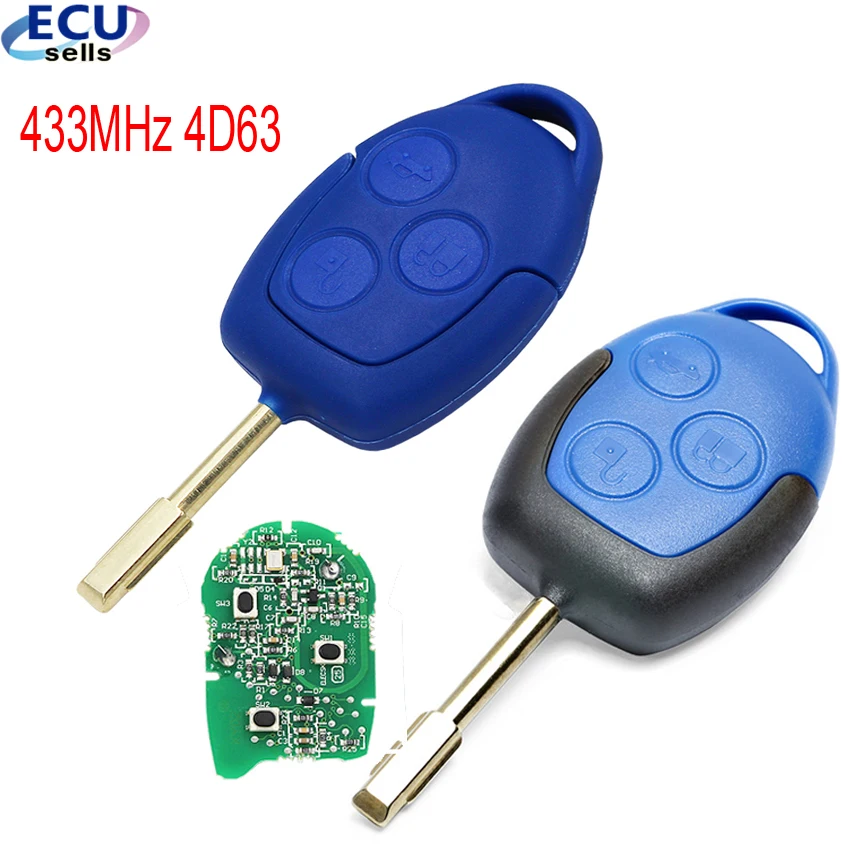 

Remote Car Key 433MHz 4D63 Chip FOB 3 Buttons FO21 Blade for Ford Transit WM VM 2006-2014 P/N: 6C1T15K601AG - Black or Blue Head