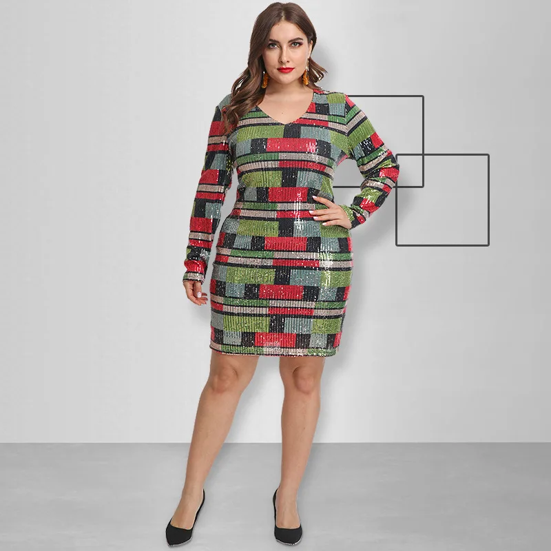 

Plus Size Spring Autumn Sexy Dress For Women V Neck Plaid High Wasit Vestido Elegant Party Night Club Mini Beads Dresses Femme