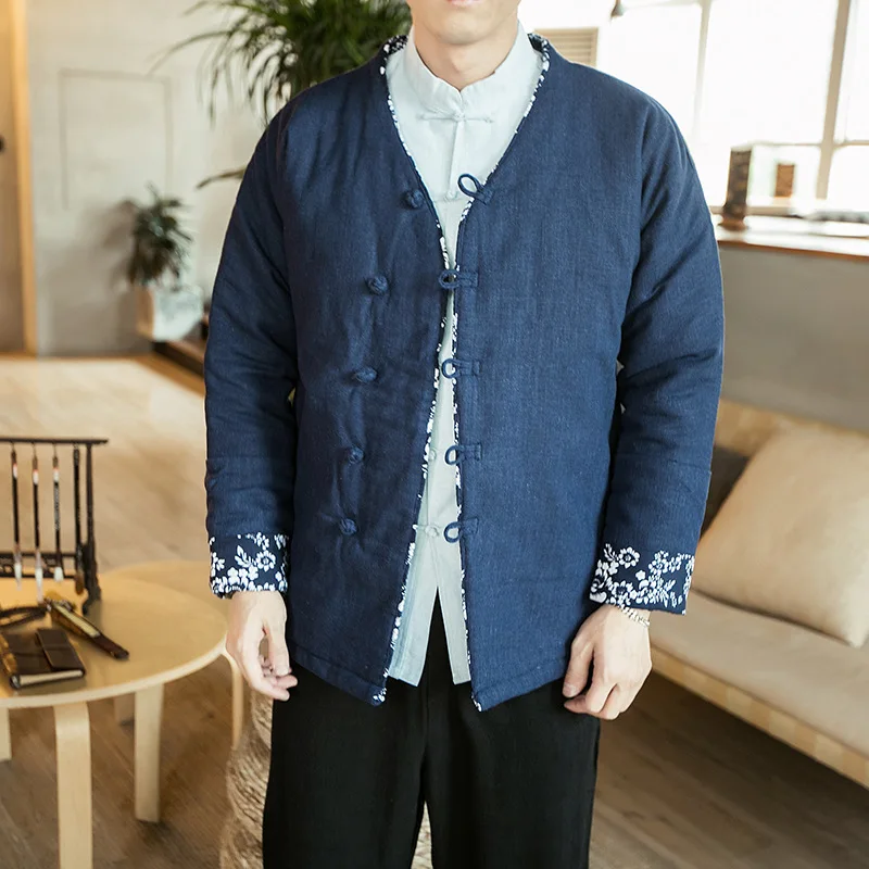 Autumn And Winter New Style Plus-size style Chinese-style Retro Cotton-padded Clothes-Cotton Linen Floral Jacket - Цвет: Тёмно-синий