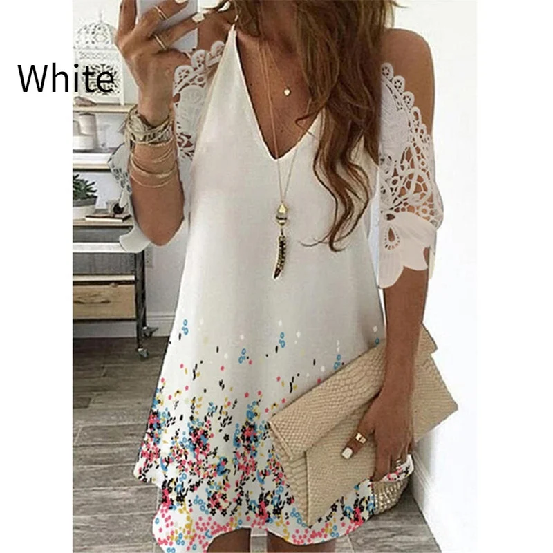 Summer Half Sleeve Printed Women's Dress Casual Off Shoulder Sexy Deep V-neck Lace Casual Party Dress 2