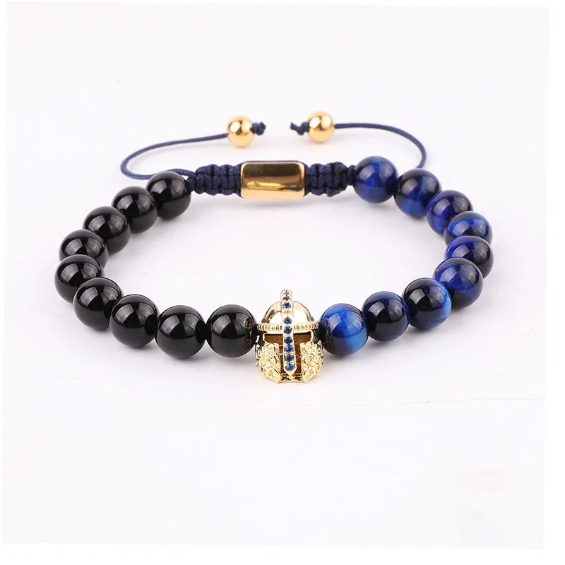 New Design Natural Stone Beads Blue Tiger Eye Helmet Charm Macrame Adjustable Bracelet Men - Image 6