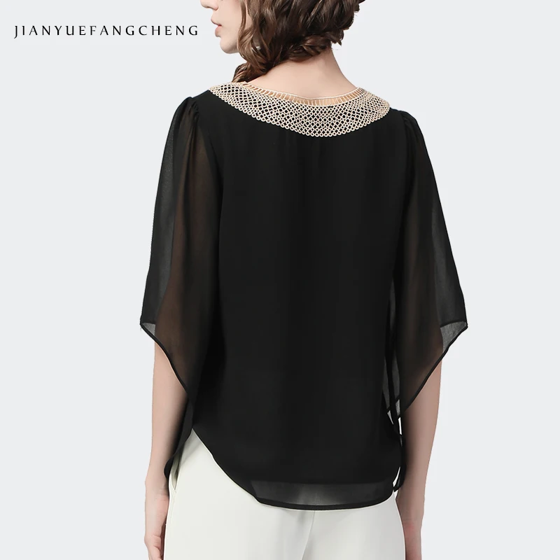 Moda ver o feminina chiffon blusa irregular tipo capa mangas preto