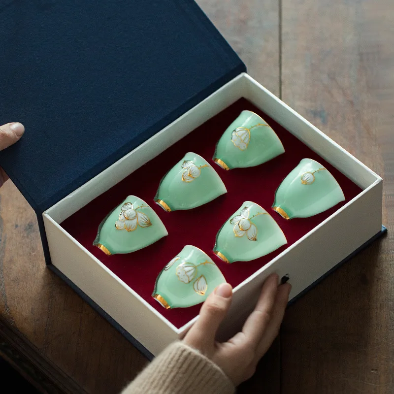 Красный Celadon ручная роспись золотой керамический Кубок подарочный набор - Цвет: Красный