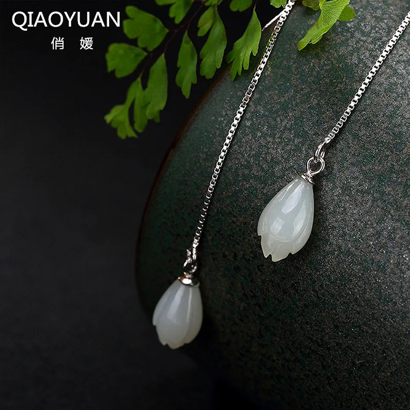 

Серьги из серебра 925 пробы, нефритовые серьги, ювелирные изделия из белого нефрита в винтажном стиле, длинные серьги из магнолии