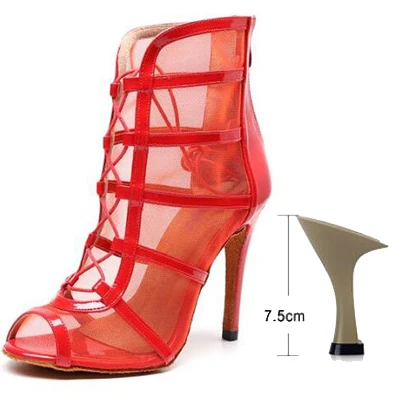Woman High Top Latin Dance Shoes Red Black Ballroom Dance Boots Women Salsa Tango Dancing Shoes Girls Soft Bottom Party Sandals red-7.5cm