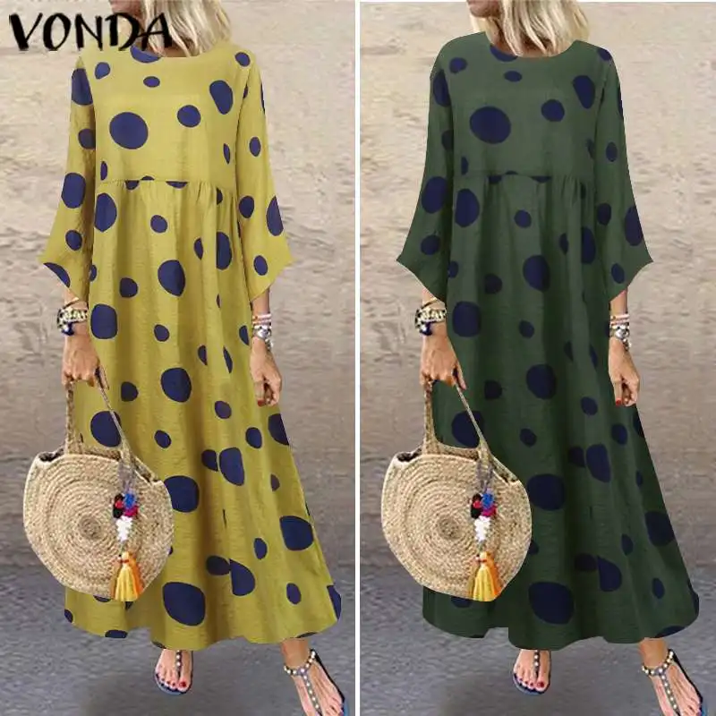 VONDA/хлопковое льняное платье в горошек для женщин, богемные вечерние платья в горошек, длинное платье макси размера плюс, сарафан, винтажное пляжное платье, Vestido S-5XL