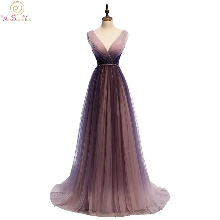 

V Neckline Prom Dresses 2020 Tulle Pleats Sleeveless A Line Evening Gowns Formal Party Walk Beside You Lace Up Back Purple