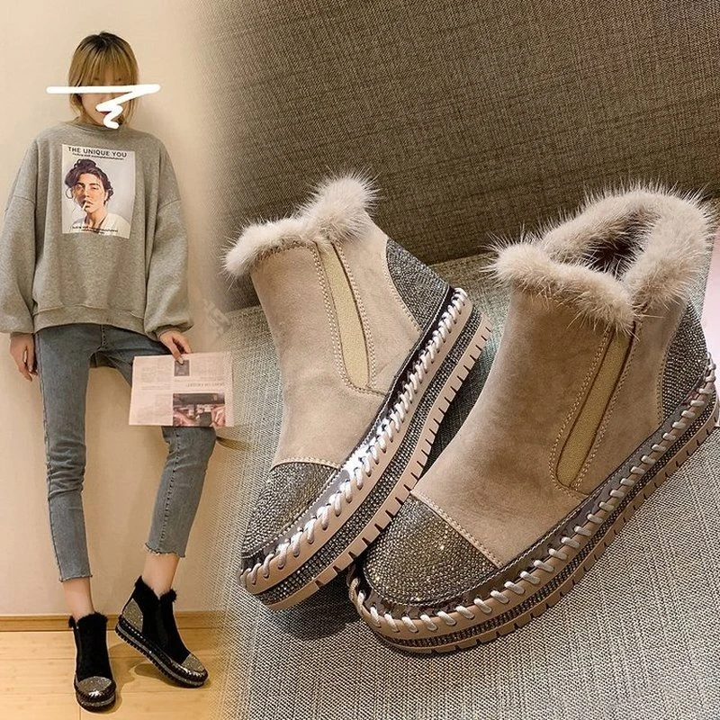 Hairy shoes women's outer wear winter 2021 new thick-soled rhinestone high-top lazy fashion boots women velvet woman boots Wool