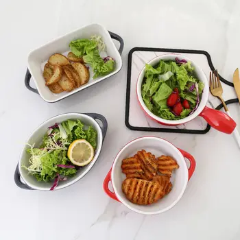 

Cheese Baked Rice Dish Bowl Baking Pan Baking Binaural Plate Baking Bowl Oven Household Ceramic Plate Dish Bowl Salad Bowl Ramen