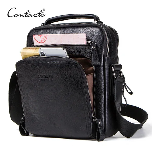 CONTACT'S 100% 남성용 정품 가죽 숄더백, 크로스바디 백, 고품질 Bolsas 패션 메신저백, 9.7 인치 아이패드용 2