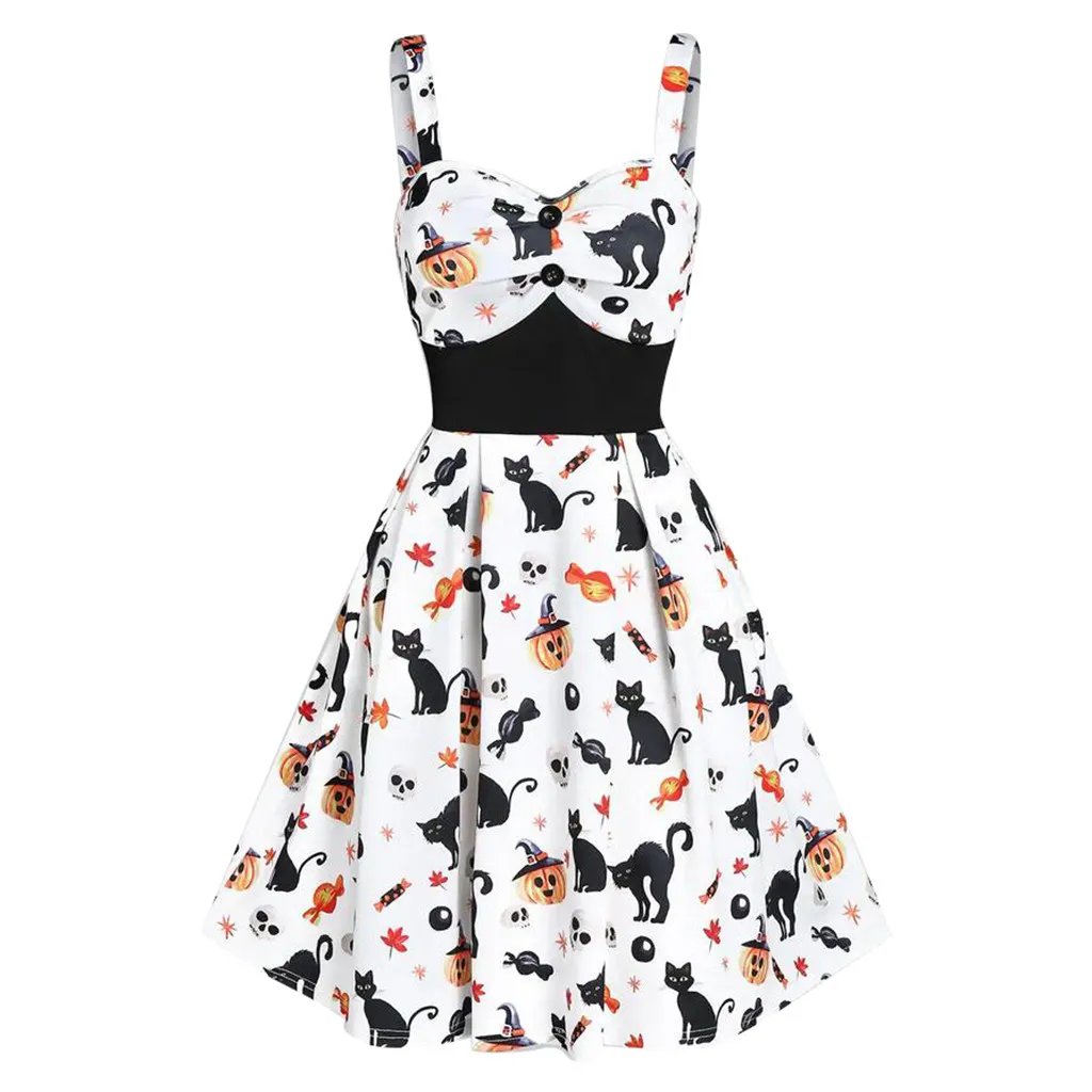 Sexy Col En V A Manches Longues Robe Papillon Femmes Cherie Cou Chat Citrouille Imprimer Taille Haute Une Ligne Bouton Robe D Halloween Vestido Aliexpress