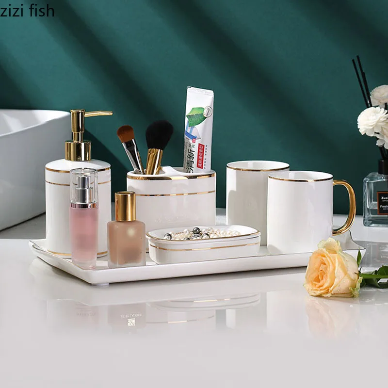 Golden Stripes Bathroom Decoration Accessories White Ceramic Toothbrush Holder Portable Soap Dispenser Mouth Mug Bath Supplies