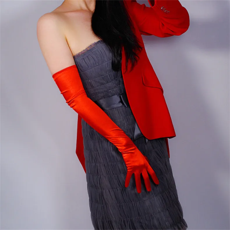 Шелковые Сатиновые перчатки 58 см, эластичные мерсеризованные атласные черные белые удлиненные стильные женские солнцезащитные перчатки выше локтя, для невесты, свадьбы, WSG05