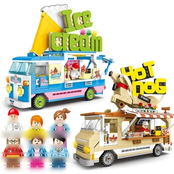 

City Vehicle Street Sweeper Dumper Pizza Van Ice Cream Truck Building Blocks Friends Street View Ambulance Car Figure Toy gift