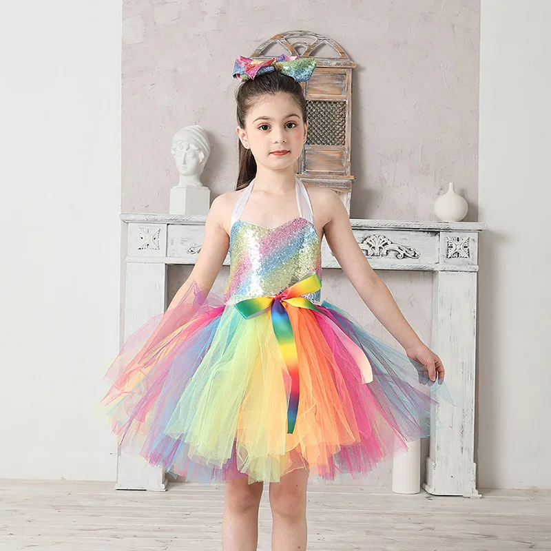 Rainbow Sequins Girl Princess Tutu Dress Kids Wedding Birthday Party Pageant Tulle Dresses Vestidos Children Bow Clothing (10)