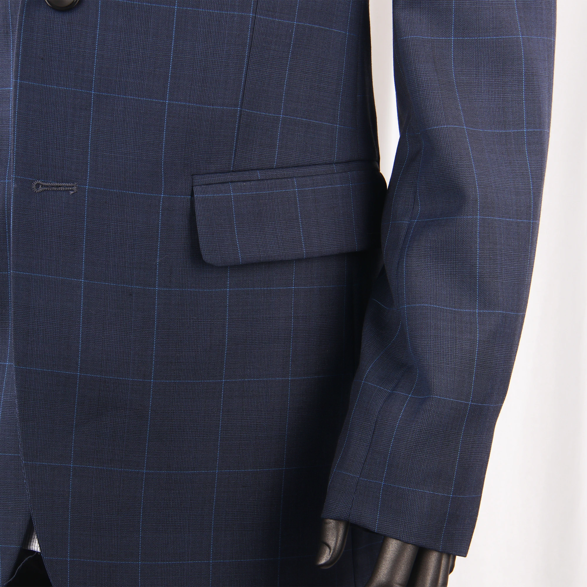 Luxury Navy Plaid Suit Men Custom Made Wool Blend Business Suits With Bemberg Lining,Bespoke Tailore Casual Windowpane Blue Suit