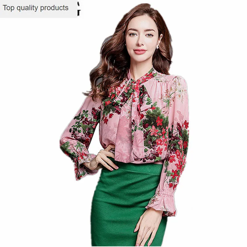 

Spring 100% Silk Women's Shirt Flare Sleeve Floral Blouse Office Womens Tops and Blouses Clothes blusas mujer de moda 2020 YQ069