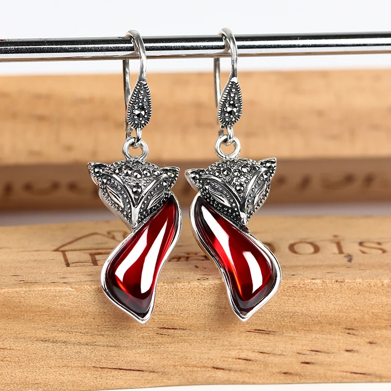 

ZHJIASHUN Retro 100% 925 Sterling Silver Garnet Earrings For Women Vintage Natural Sapphire Ruby Fox Earrings Jewelry Female