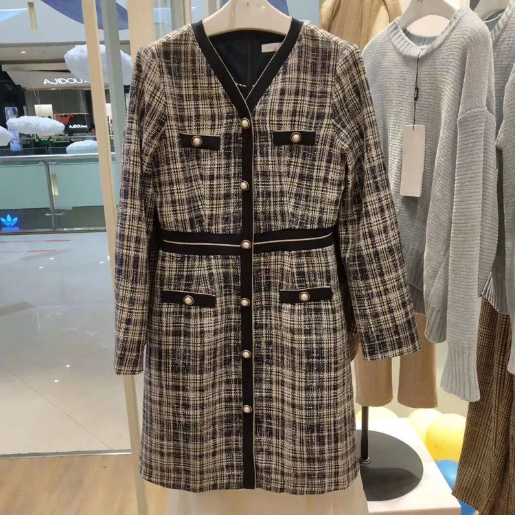 

A Generation of WOMEN'S Dress 2019 Autumn New Style Fashion Waist Hugging Plaid V-neck Dress Entity