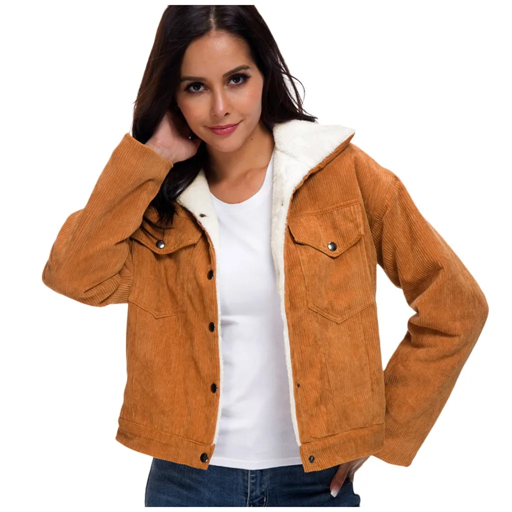 Women Winter Jacket Thick Fur Lined Coats Parkas Fashion Faux Fur Lining Corduroy Bomber Jackets Cute Outwear New#3 - Color: Khaki
